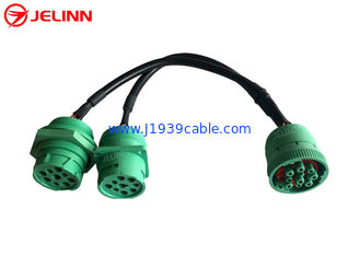 Green Deutsch 9 Pin J1939 Female to J1939 Male Square Flange and Threaded J1939 Male Split Y Cable