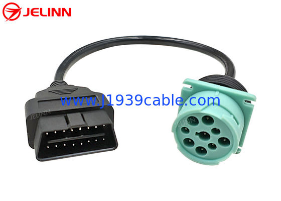 Green Deutsch 9 Pin J1939 Male to J1962 OBD2 OBDII 16 Pin Male Cable