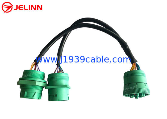 Green Deutsch 9 Pin J1939 Female to J1939 Male Square Flange and Threaded J1939 Male Split Y Cable