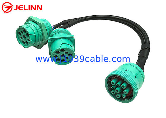 Green Deutsch 9 Pin J1939 Female to J1939 Male Square Flange and Threaded J1939 Male Split Y Cable