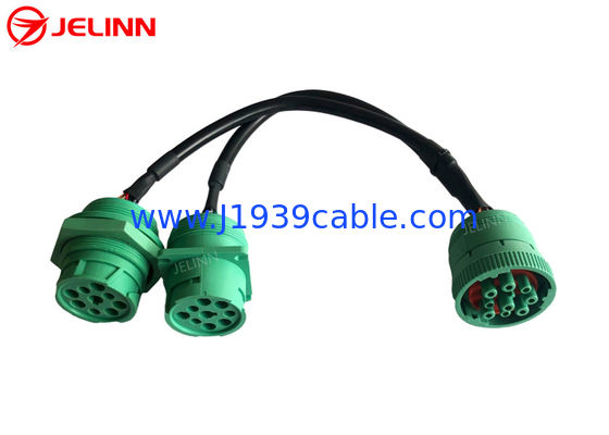 Green Deutsch 9 Pin J1939 Female to J1939 Male Square Flange and Threaded J1939 Male Split Y Cable